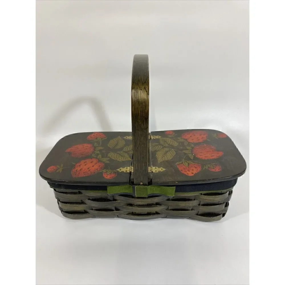 Vintage Woven Sewing Picnic Basket Purse Lined w/StrawberryDecoupaged Wooden Lid
